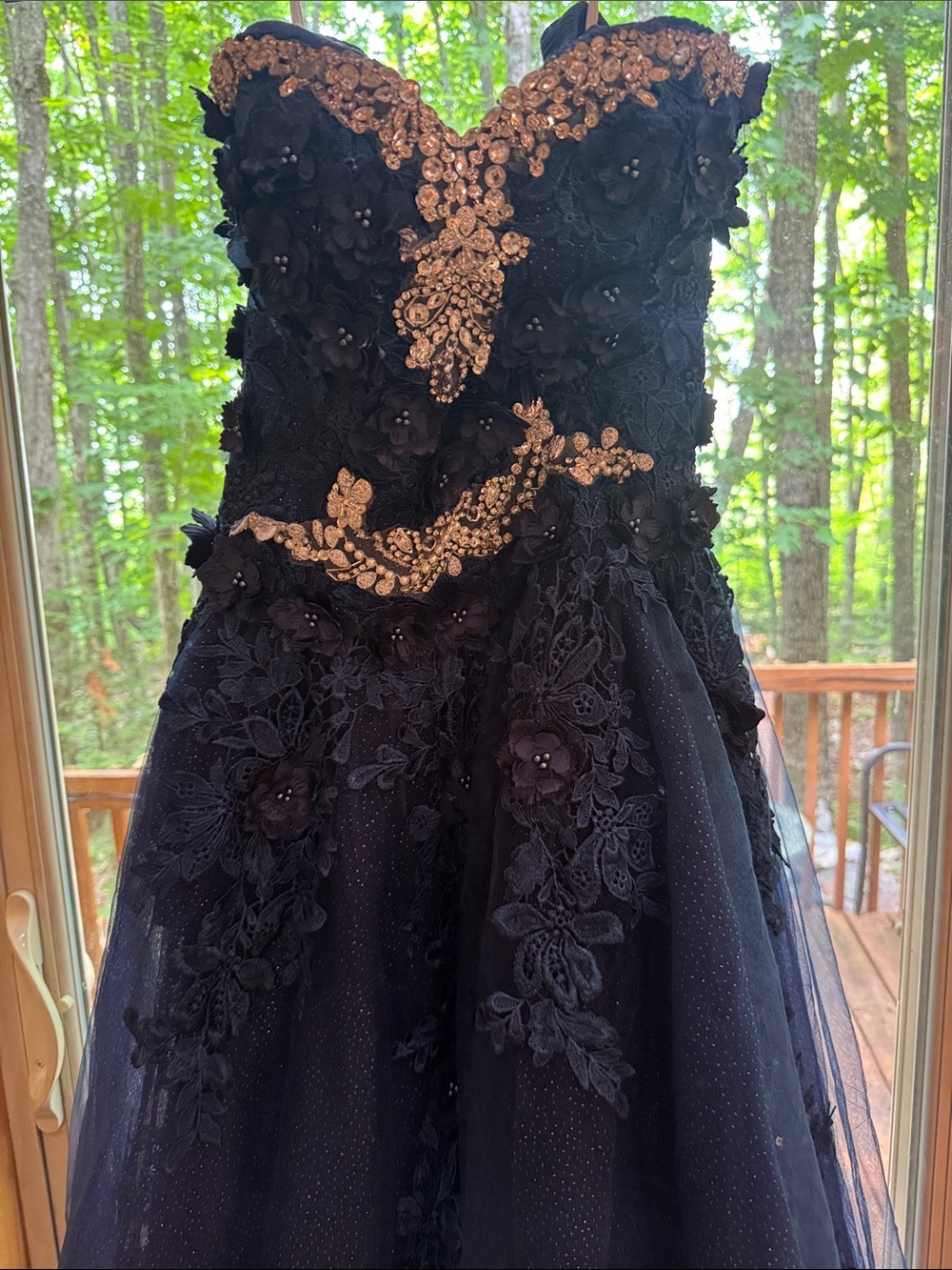 Strapless navy blue Prom quinceañera Dress with silver beading.